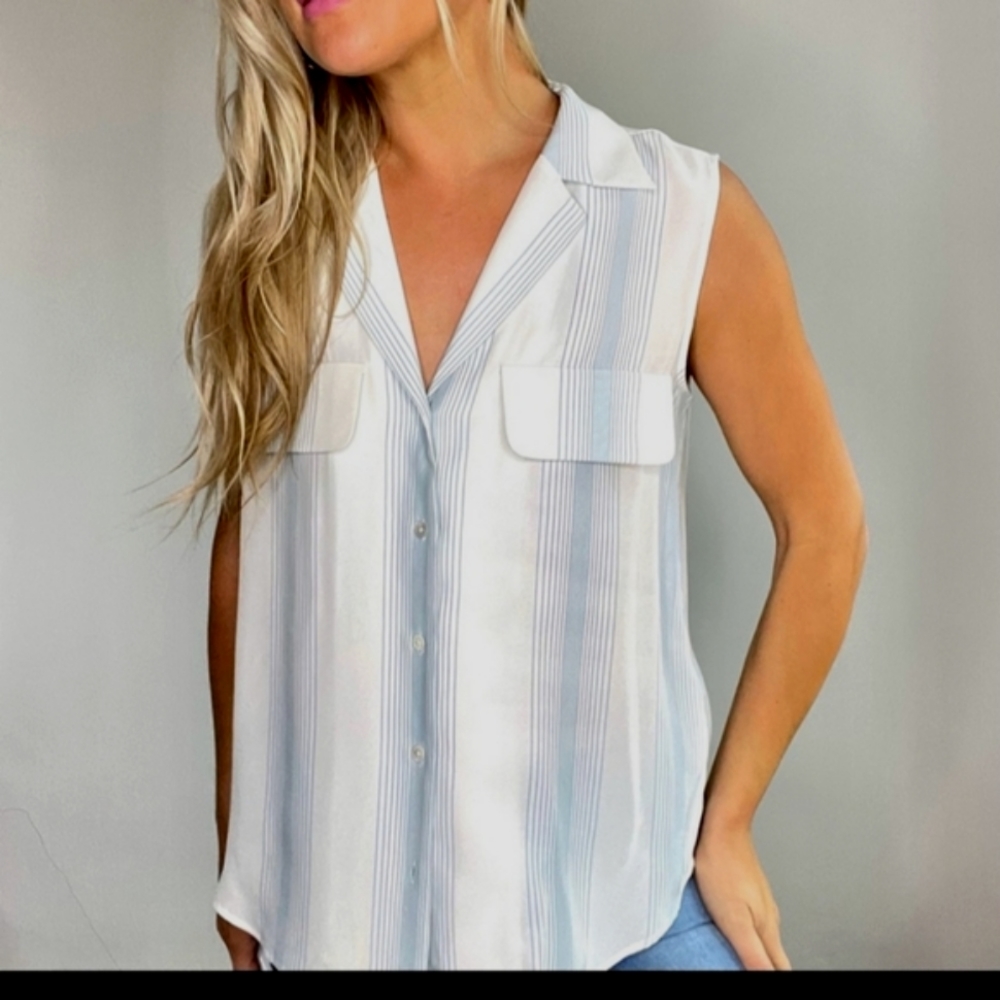 Frame White and Blue Striped 100% Silk Sleeveless Button Up Shirt small